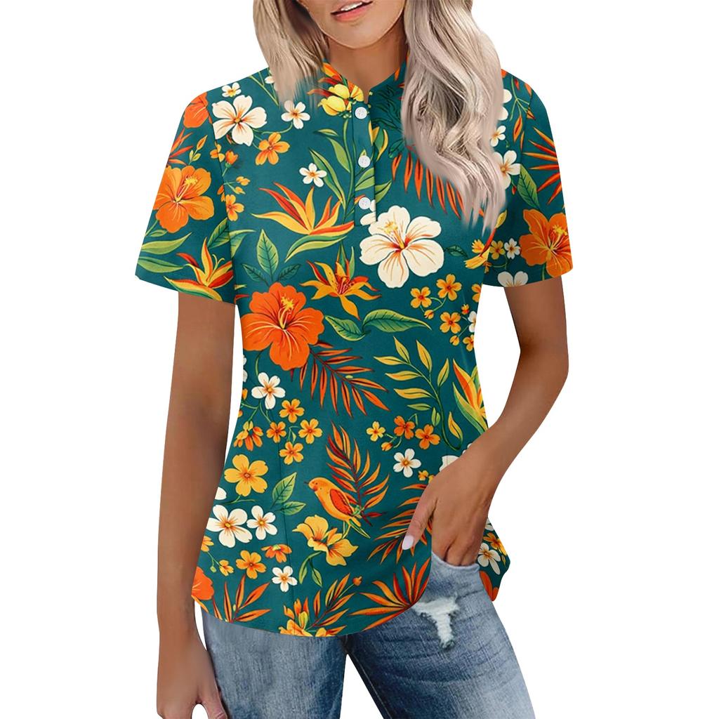 Women's Casual Polo Collar Short Sleeve Top Loose Fit Tropical Leaf Floral Print Shirt Summer Lightweight Blouse