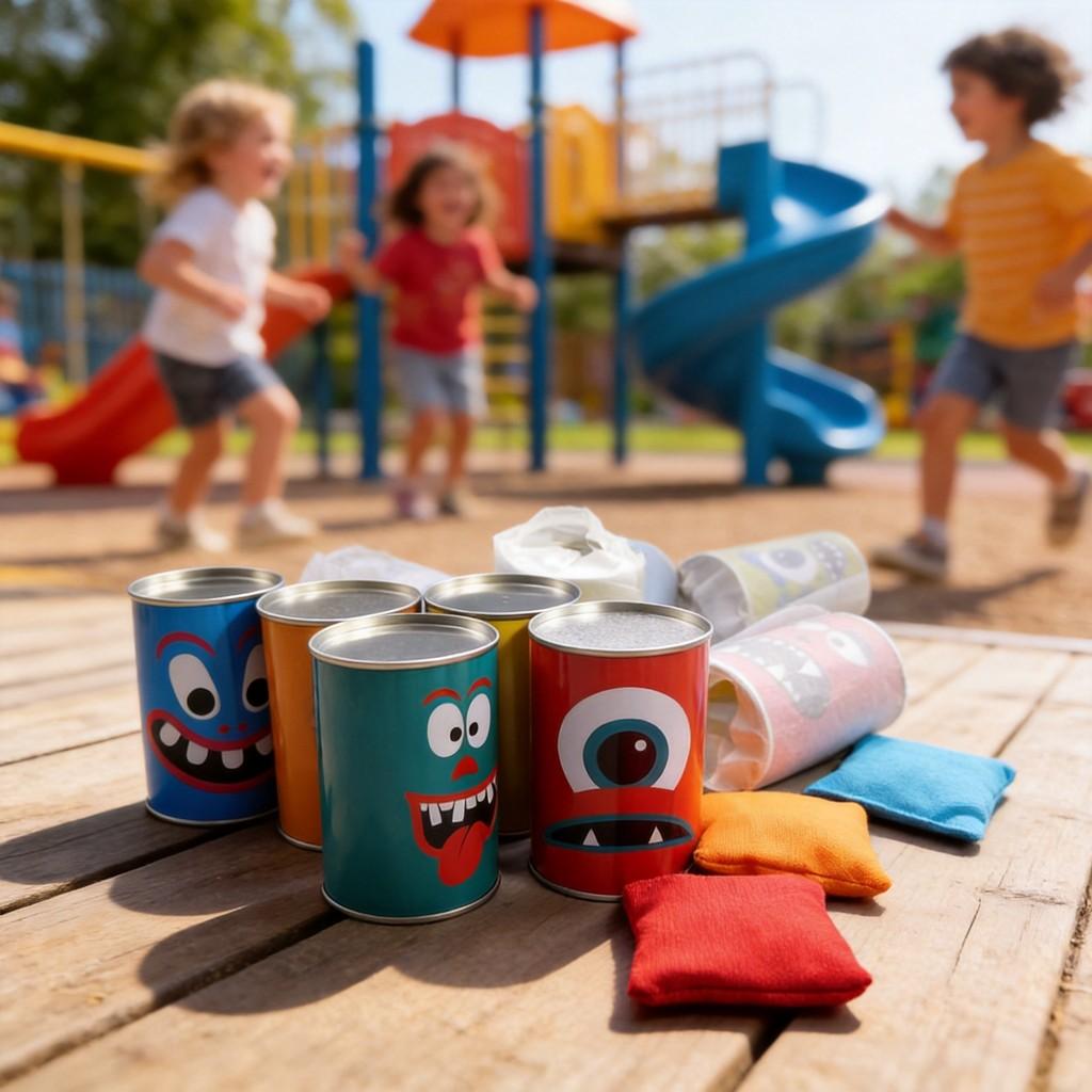 Iron Kids Bean Bag Toss Game Set With 10 Cans And 3 Sandbags For Parent Child Play