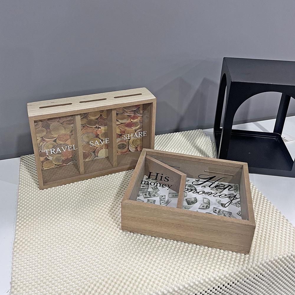 Detachable Wooden Money Saving Box with Three Compartments for Travel and Honeymoon, Wall-Mountable Storage Solution