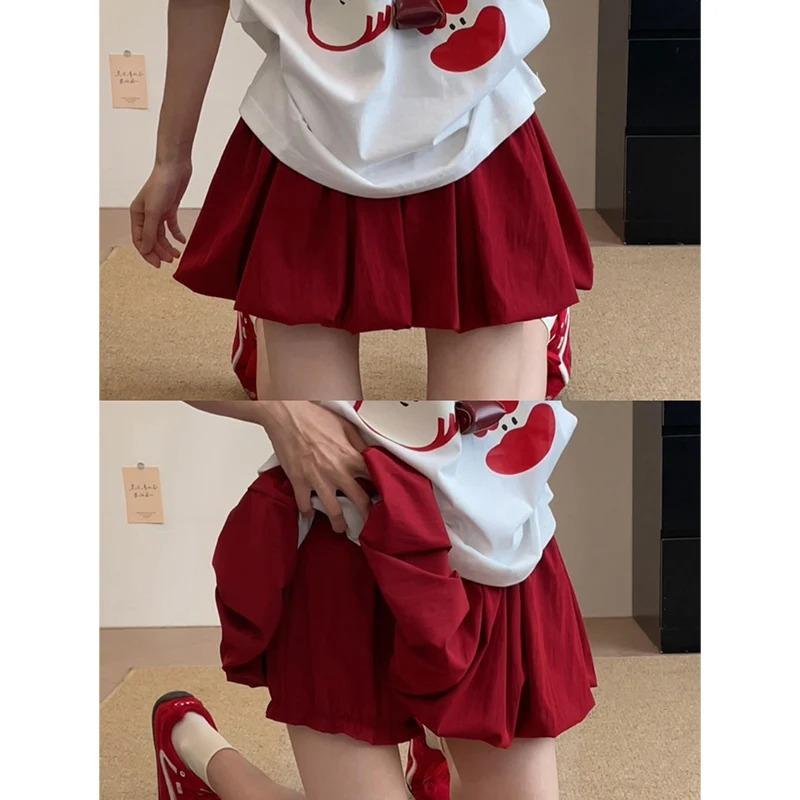 Women's Mini Skirt High Waist A Line Slimming Summer Skirt Shorts Petite Pleated Puff Hem Pink
