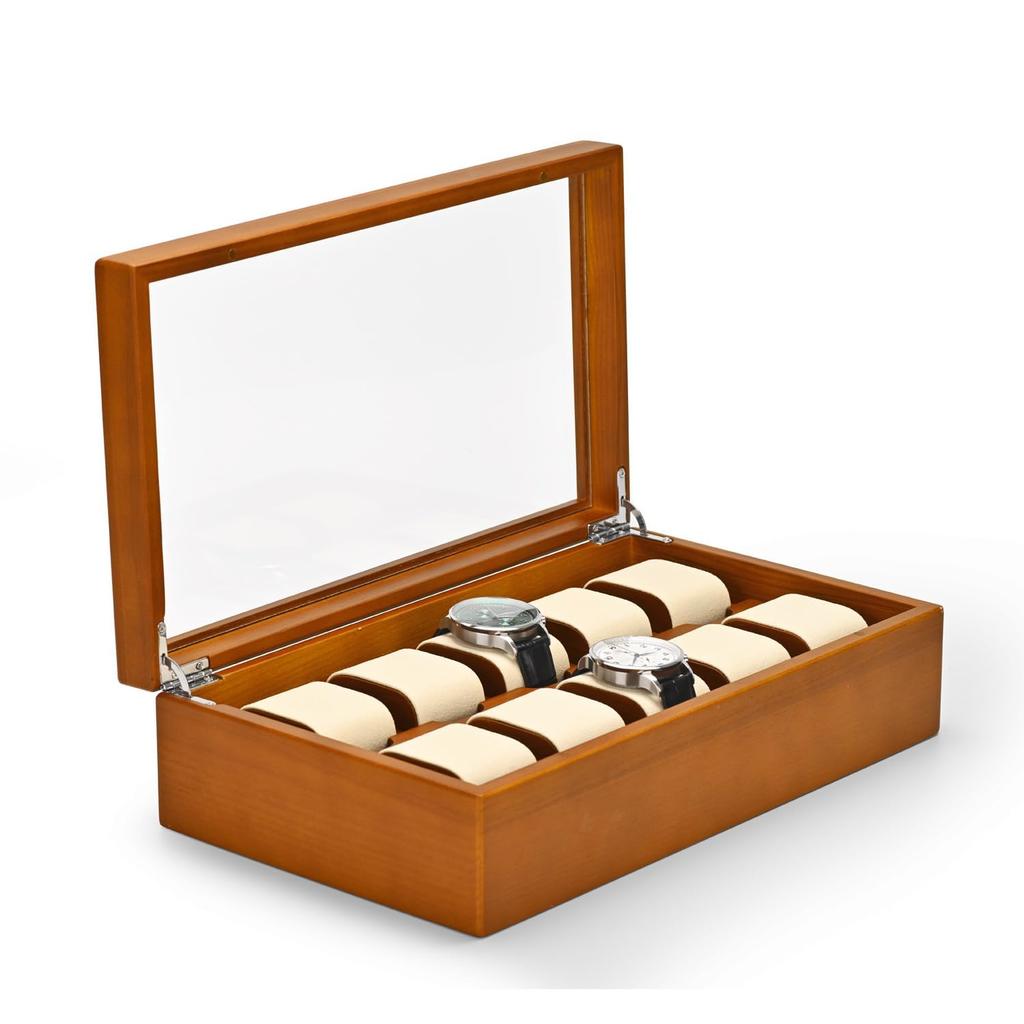 Woodten Massivholz-Uhrenbox mit Glas Premium-Uhren-Display-Organizer mit herausnehmbarem Kissen für Herren 10-Schlitz-Deckel, (Cremeweiß)
