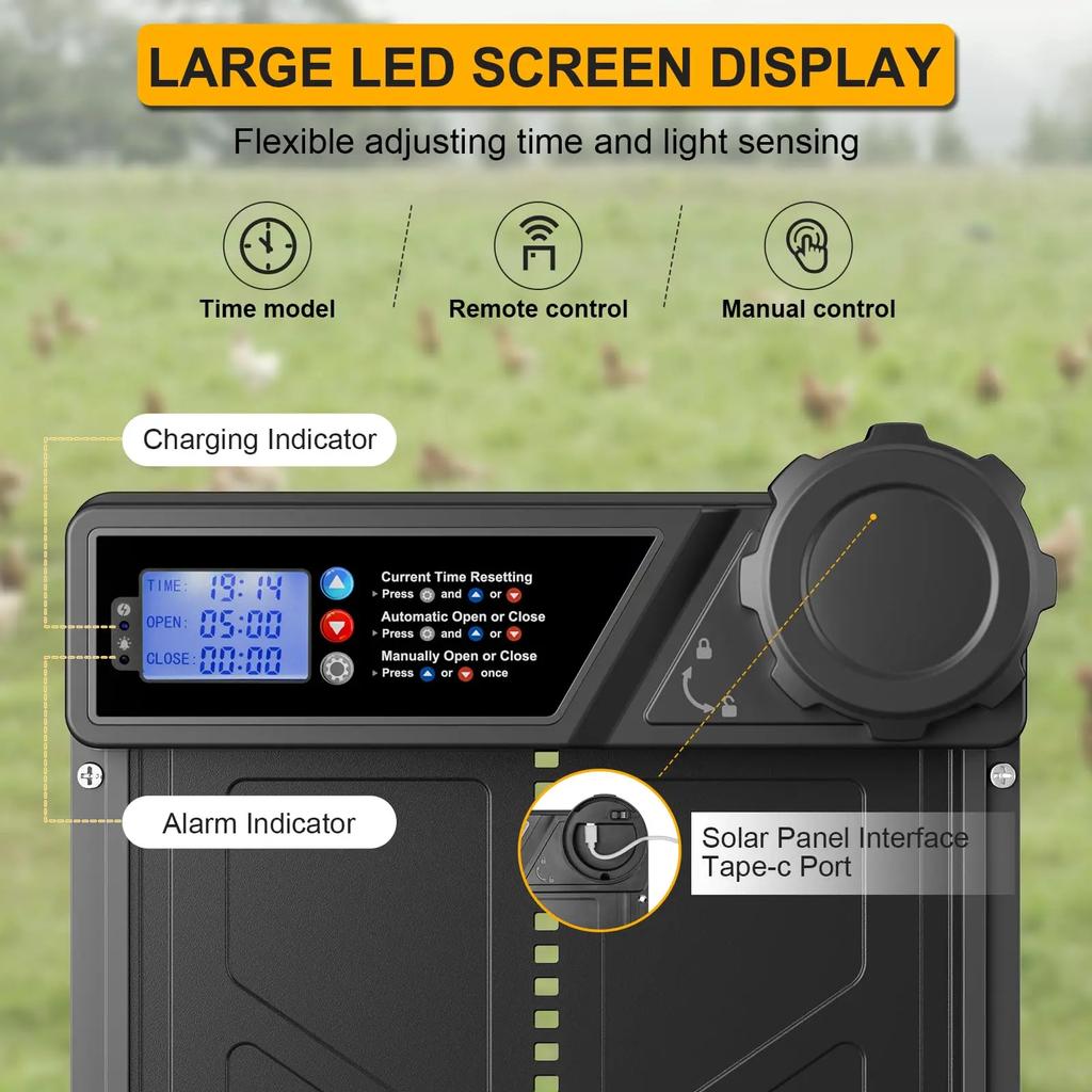 Automatic Chicken Coop Door Solar Powered, LCD Display Automatic Chicken Door with Timer Aluminum Alloy Chicken Door with Remote