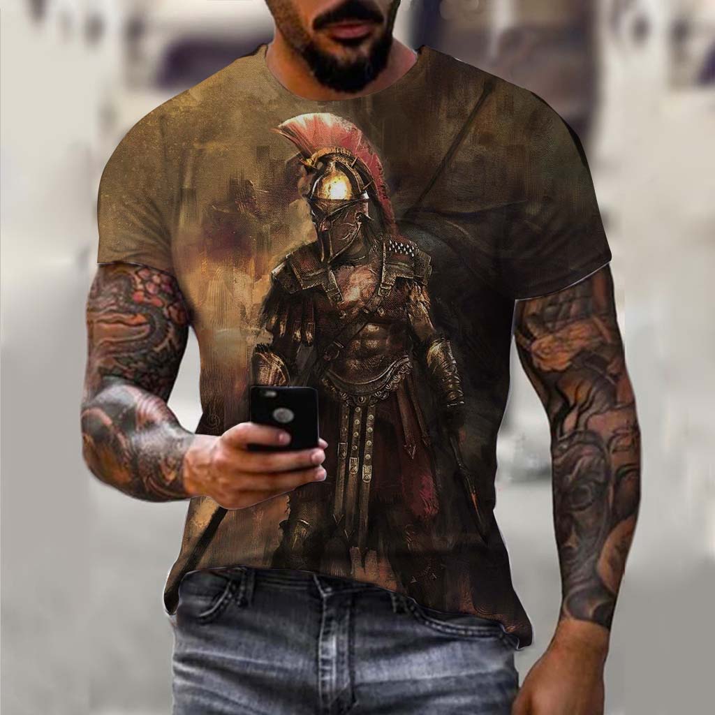 Spartan Warrior Pattern 3D Printed Men's T-shirt Summer Fashion Casual Street Wear Nostalgic Retro Style Short Sleeve Clothing