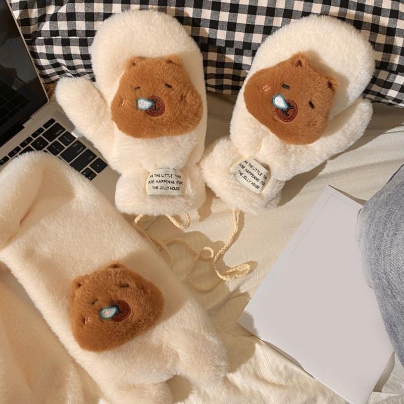 3D Animal Plush Gloves Winter Warm Gloves for Kids Teens Hand Warmers Furry Mittens Coldproof Windproof Cycling Handwear