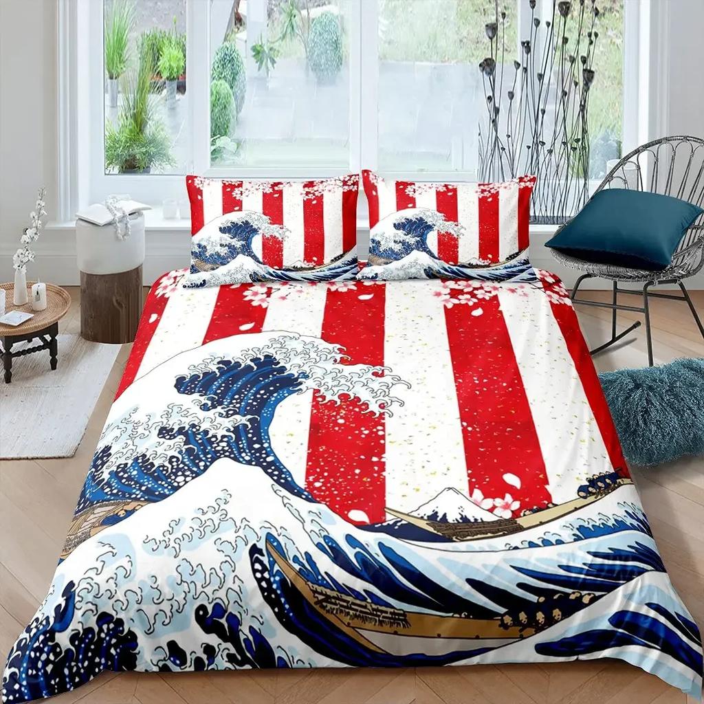 Comforter Japanese Wave King Queen Blue Sea Bedding Set Maple Leaf Moon Hokusai Ukiyo-E Polyester Comforter