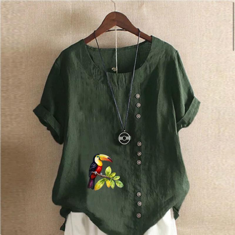 Women's Fashion Round Neck Short Sleeve T-shirt Casual Cotton Linen Pattern Shirt Leisure Loose Bird Prined Summer Blouse Tops