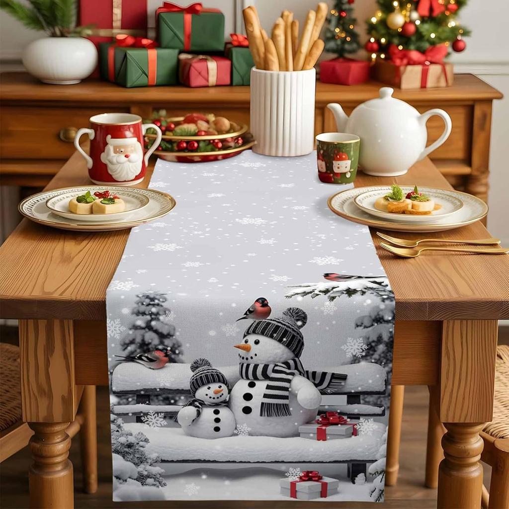 Christmas Snowman Bird Snow Tree Linen Table Runner Party Decor Winter Holiday Kitchen Dining Table Runner Christmas Decorations