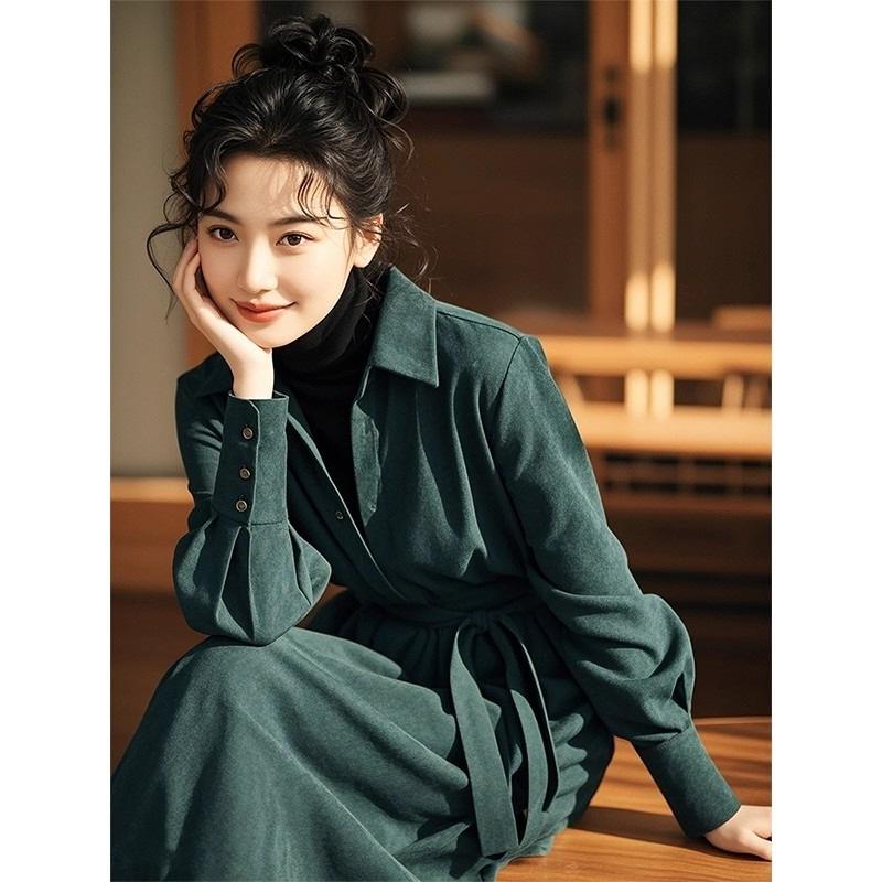 Autumn and Winter New Thickened Lace-up Waist A-shaped Skirt Dark Green Polished Corduroy Shirt Dress Women