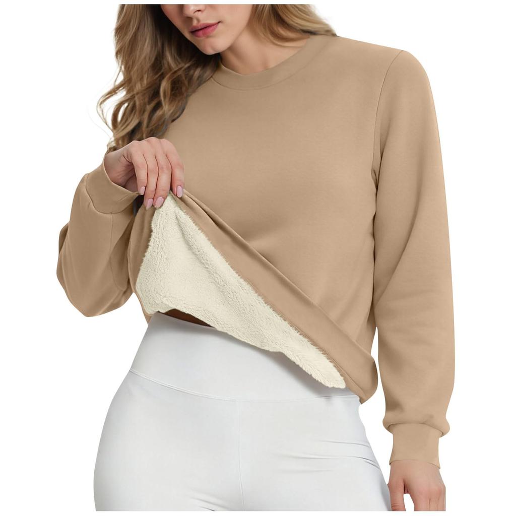Women's Casual Fashion RoundNeck Pullover Top Winter Solid Color Plush Sweatshirt