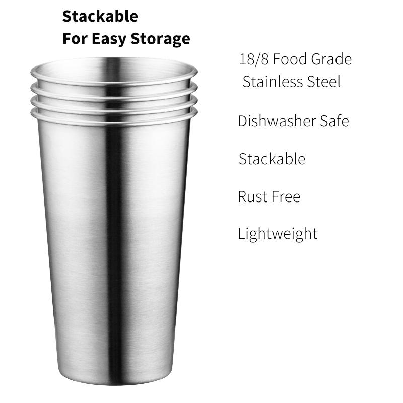 4pcs 300ml/500ml/600ml Stainless Steel Cups Metal Pint Unbreakable Shatterproof Drinking Glasses Stackable Water Cups Tumbler