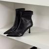 Pointed short boots women's high-heeled thin-heeled rear zipper splicing new autumn and winter fashion elastic thin boots