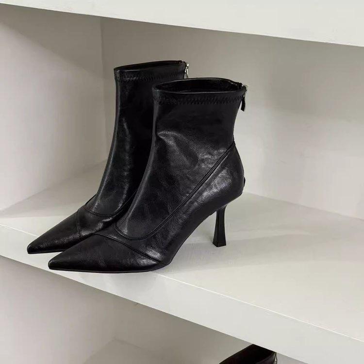 Pointed short boots women's high-heeled thin-heeled rear zipper splicing new autumn and winter fashion elastic thin boots
