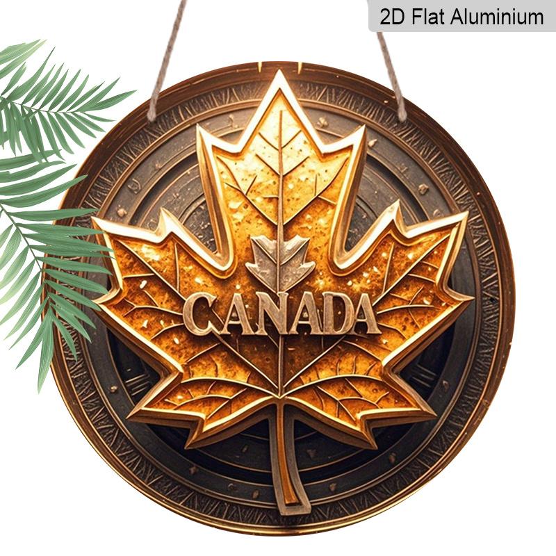 

2D Flat Printing, 1pc Round Aluminum Canada Maple Leaf Metal Sign, Vintage Gold Embossed-Style Patriotic Wall Plaque, Durable Weatherproof Wall 7.87×7.87inch