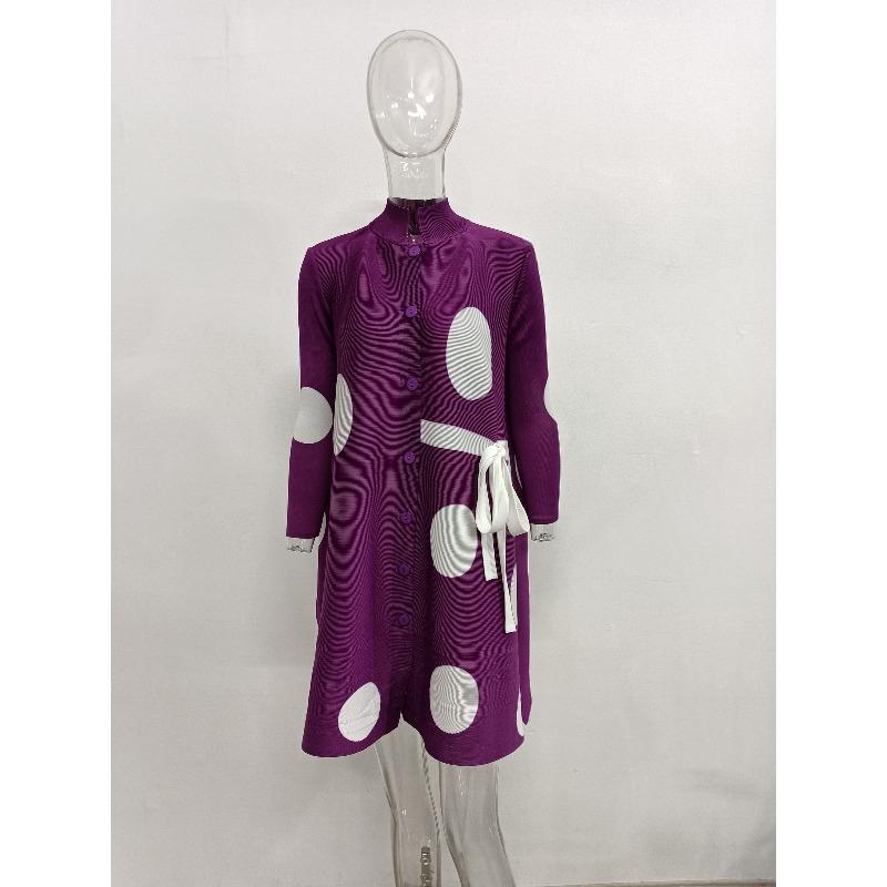 Stand Collar Pleated Dress 2023 Autumn Single Breasted Drawstring Dot Printing Festival Clothing Women Elegant