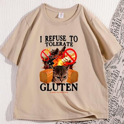 I Refuse To Tolerate Gluten Funny Cat T Shirt for Woman and Man Cats Lover Tees Cotton Short Sleeve Loose Tshirt Streetwear