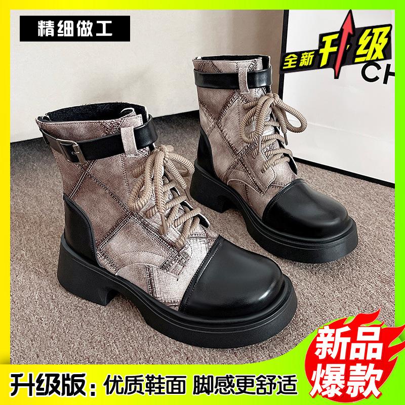 

Женские ботинки Мартин 2025 осень и зима новые на толстой подошве ретро джинсовые локомотивные дышащие в британском стиле с ремешком и пряжкой короткие ботинки 42 хаки