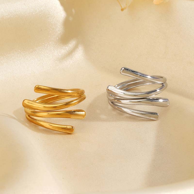Stainless Steel Gold Color Geometric Open Rings For Women Vintage Metal Irregular Hollow Adjustable Ring Jewelry Gift
