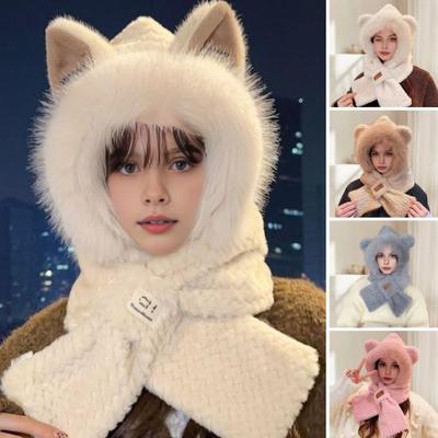 Women Winter Integrated Hat And Scarf Thick Fleece Warm Cartoon Fox Ear Decor Windproof