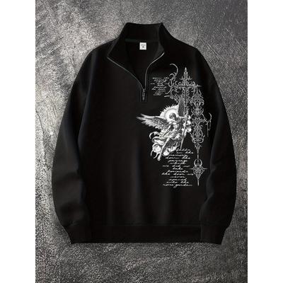 Men's Gothic Light Angel Print Short Zipper Shirt, Fashionable Street Fashion Pullover for Casual Occasions, Paired with Clothing