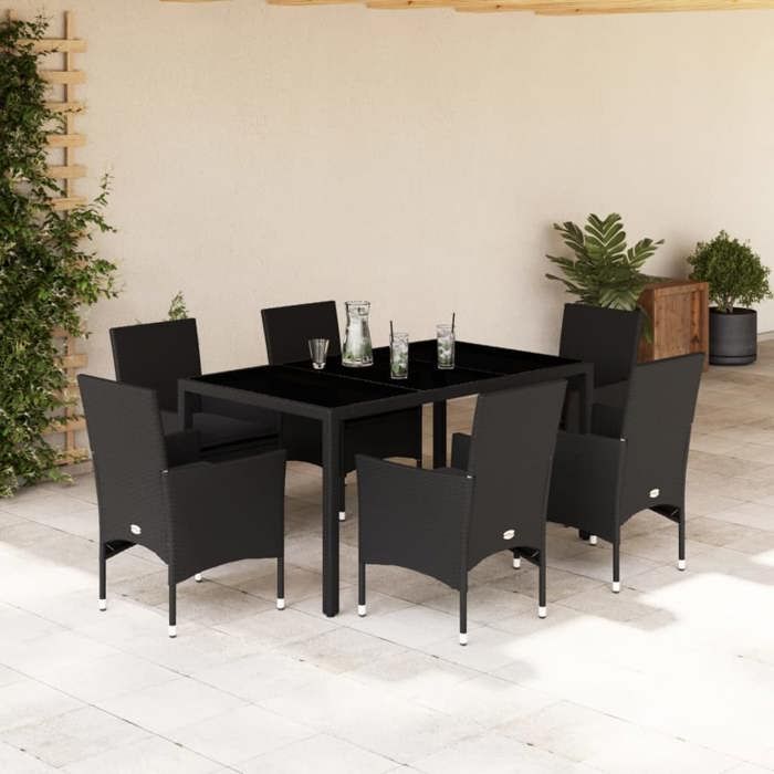 VidaXL 7-piece Garden Dining Set and Cushions Black Rattan Acacia 3278546