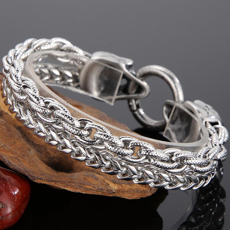 Cooles Skelett-Totenkopf-Armband für Männer aus poliertem Edelstahl, 13 mm breite Doppelgliederkette, Herrenarmbänder, Punk-Gothic-Schmuck