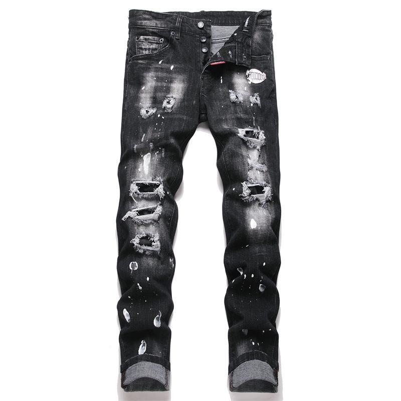 

Винтажные мужские джинсы слим фит 2025 года, черные, потертые, вываренные, с обработкой маслом и воском, брюки с заниженной талией D4068 28 чёрный