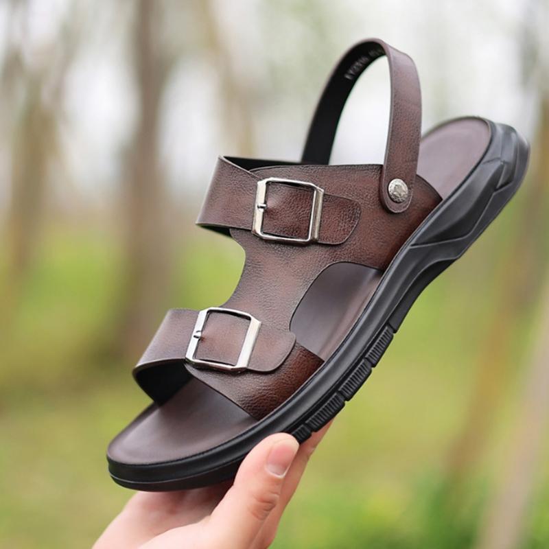 Fashion Men's Breathable Leather Sandals Solid Color Men Summer Shoes Casual Comfortable Open Toe Sandals Soft Beach Shoes