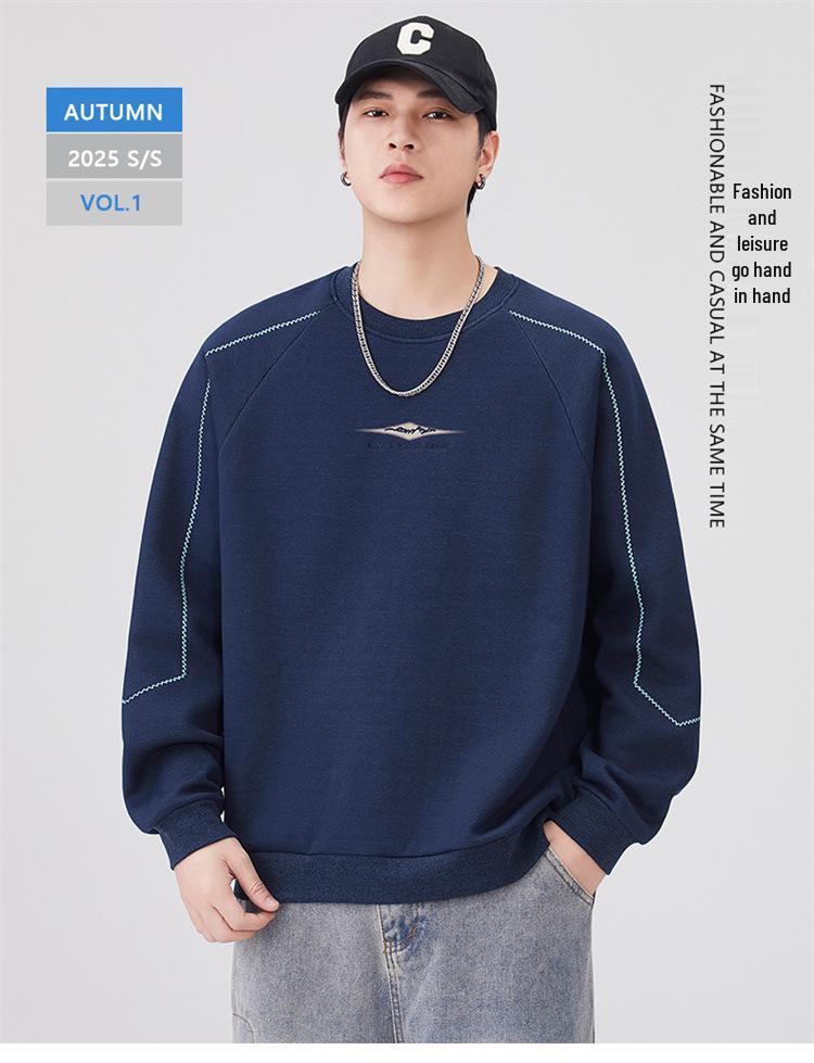 Men's 2025 Autumn/Winter Fleece-Lined Round Neck Sweatshirt - Casual, Loose, High-End Texture, Thick Long Sleeve Top