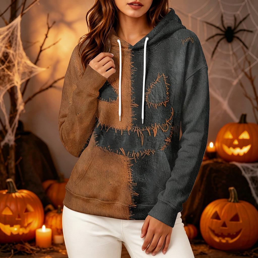 Women's Long Sleeve Pullover Hoodie with Halloween Print for Casual Outings