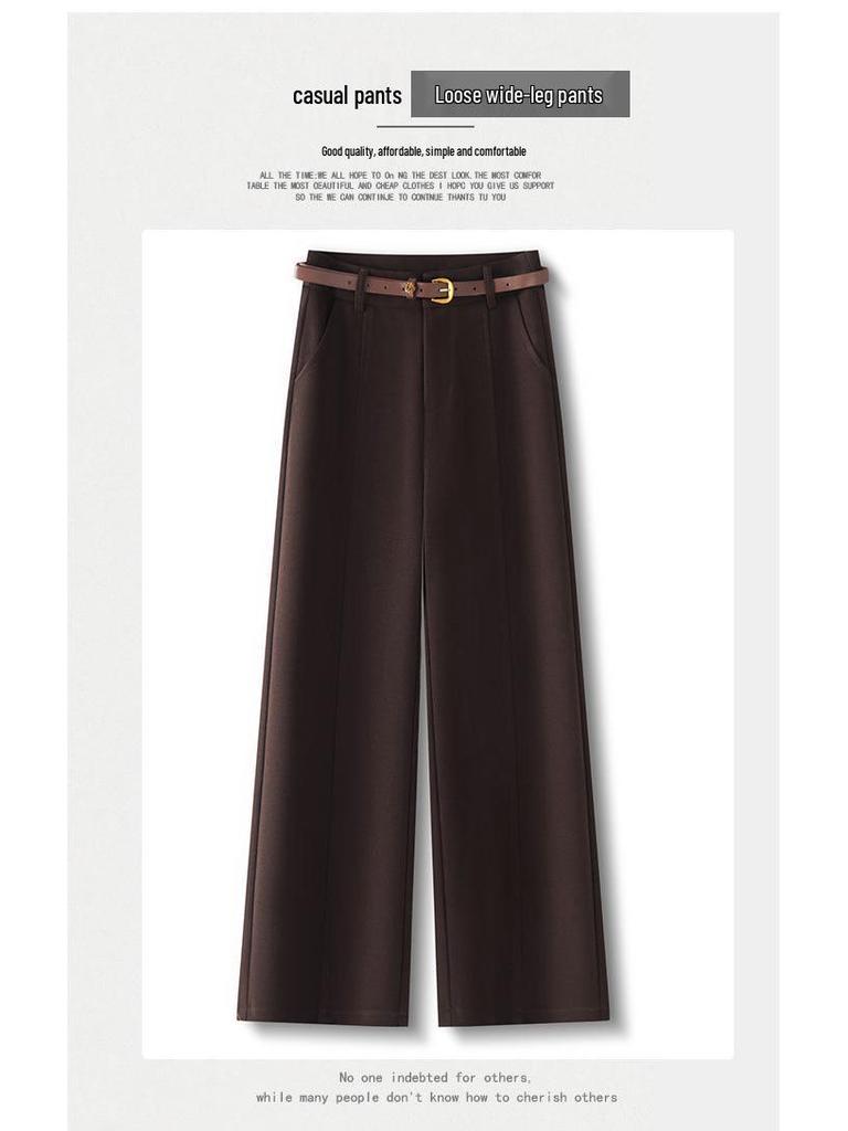Premium Coffee Wool Wide-Leg Women's Pants - New 2025 Autumn/Winter High-Waisted Slimming Loose Fit, Plus Velvet Thick Straight-Leg.