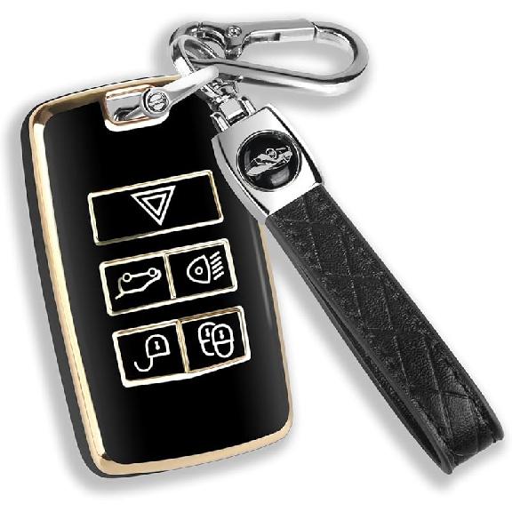 QBUC For Land Rover Key Fob Cover With KeyChain Soft TPU Gold Trim Key Case Full Protection Compatible With 2018-2026 Land Rover Range Rover Evoque