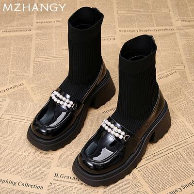 Fashion Women Leather Ankle Boots Mid Heels Mary Jane Shoes Woman 2025 Trend Elegant Winter New Knitting Snow Beaded Sock Boots Mujer