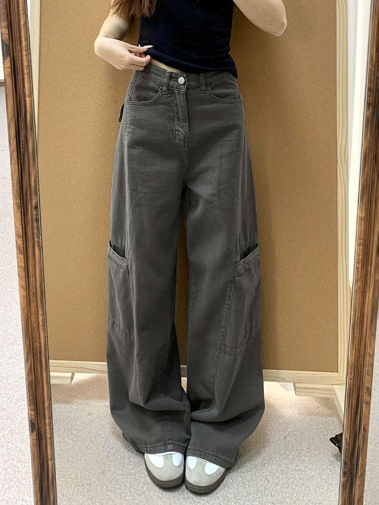 Extra Long Grey Wide-Leg Cargo Jeans for Women - Loose High Waist, Slimming, Straight-Leg, Floor-Length