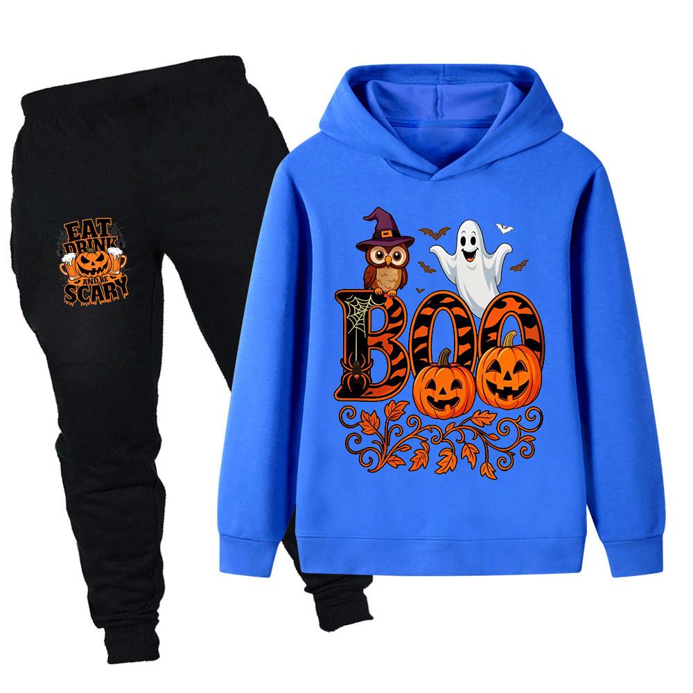 PB1649 Kids Boys Girls Halloween Ghost Printed Long Sleeves Hoodie Trousers Sets