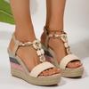 Bohemia Woven Strap Button Bead Decoration Sandals Women 2025 Summer Chunky Platform Wedge Heel Shoes Casual Hemp Sole Sandals