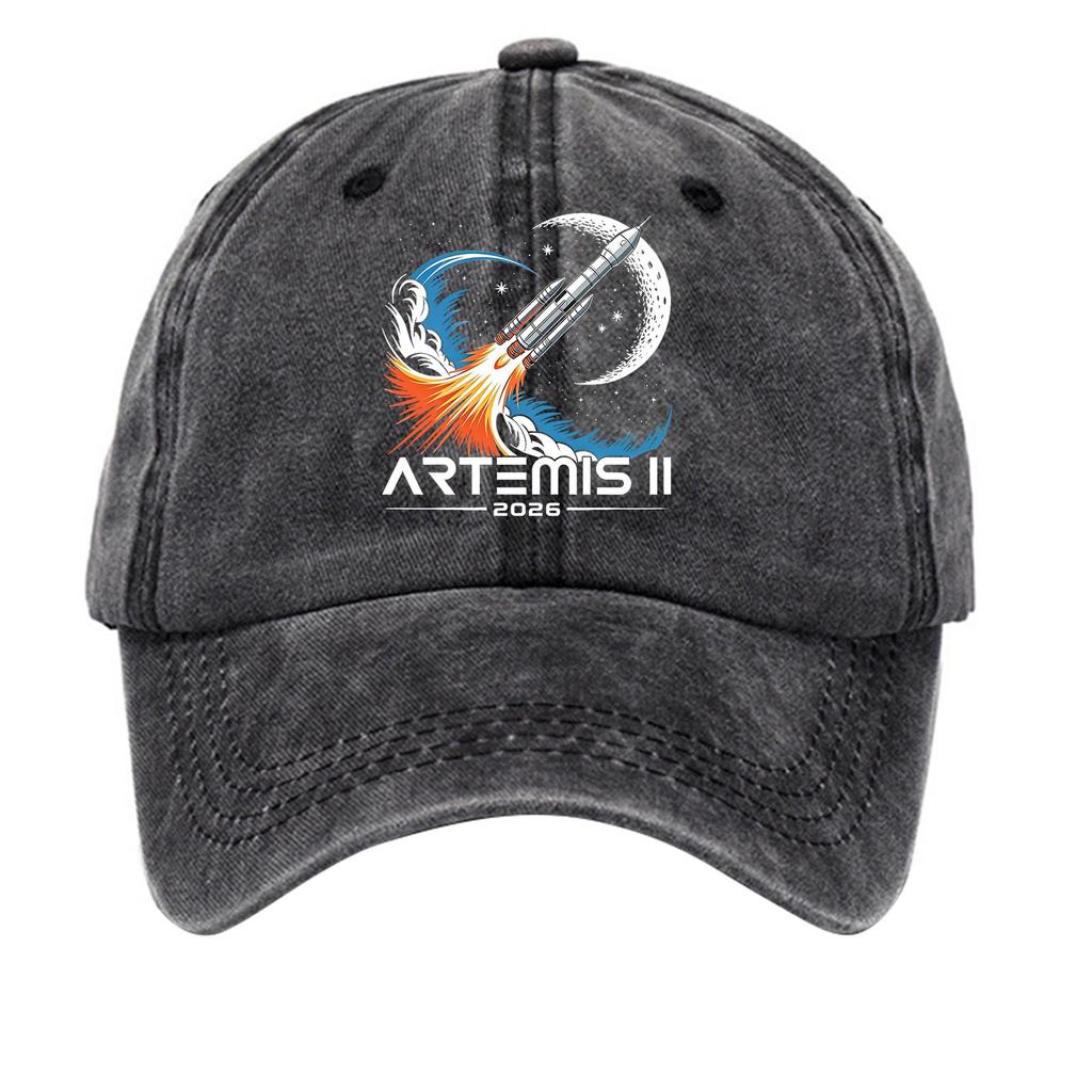Washed Cotton Baseball Cap Vintage Style Soft Top Denim Hat with Printed Rocket and Moon Design Adjustable Closure for Casual Wear