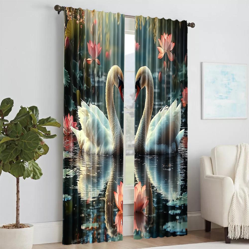 2 pcs   versatile polyester transparent curtains for home decoration Swan for use in bedrooms and living rooms