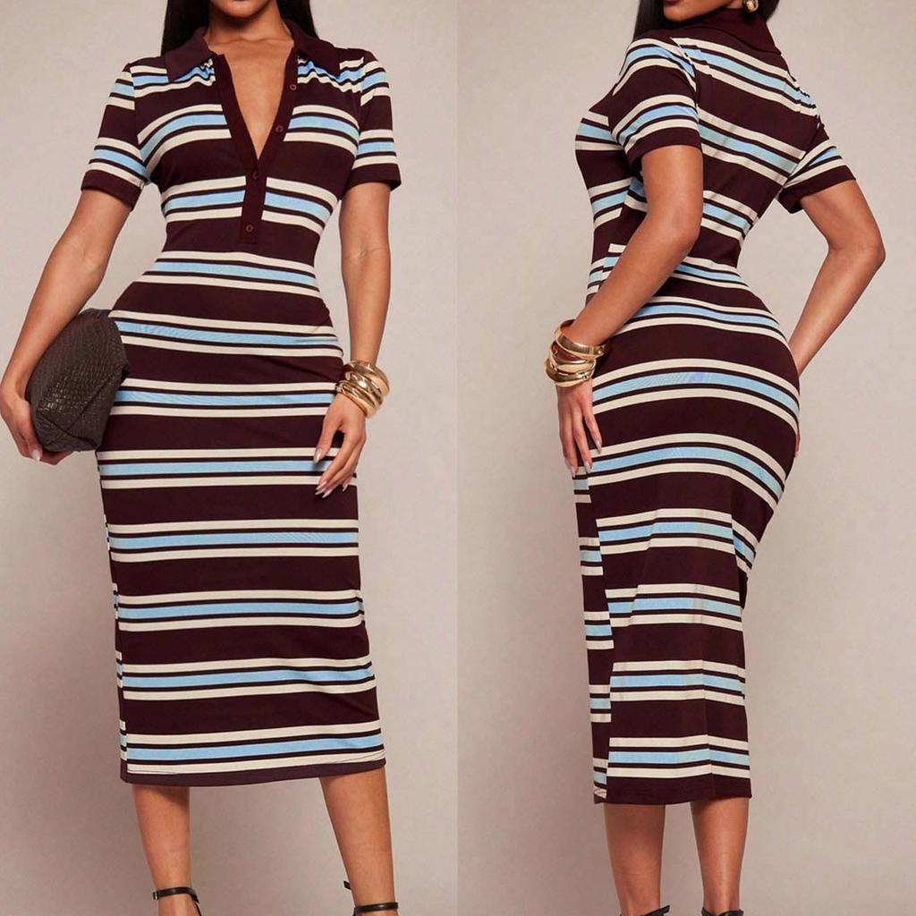 Women's New Polo Collar Striped Slim Fit Bodycon Midi Dress Short Sleeve Casual Stretch Fabric
