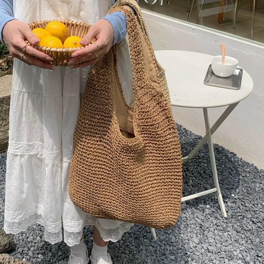 Summer Vacation Style Straw Bag Shoulder Bag Tote Bag Large Capacity Casual Portable Woven Bag