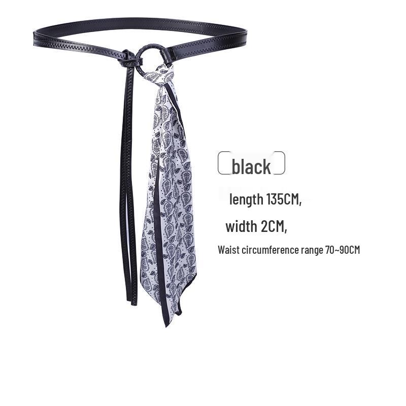 Red Silk Scarf Belt & Retro Lace-Up Waist Accessory: Thin Leather Belt for Women's Jeans & Skirts