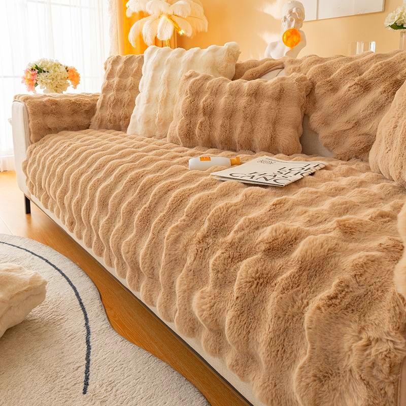 Winter Thickened Stroking Cats Warm Sofa Cushion  Rabbit Plush Sofa Cover Solid Color Non-Slip Seat Cushion