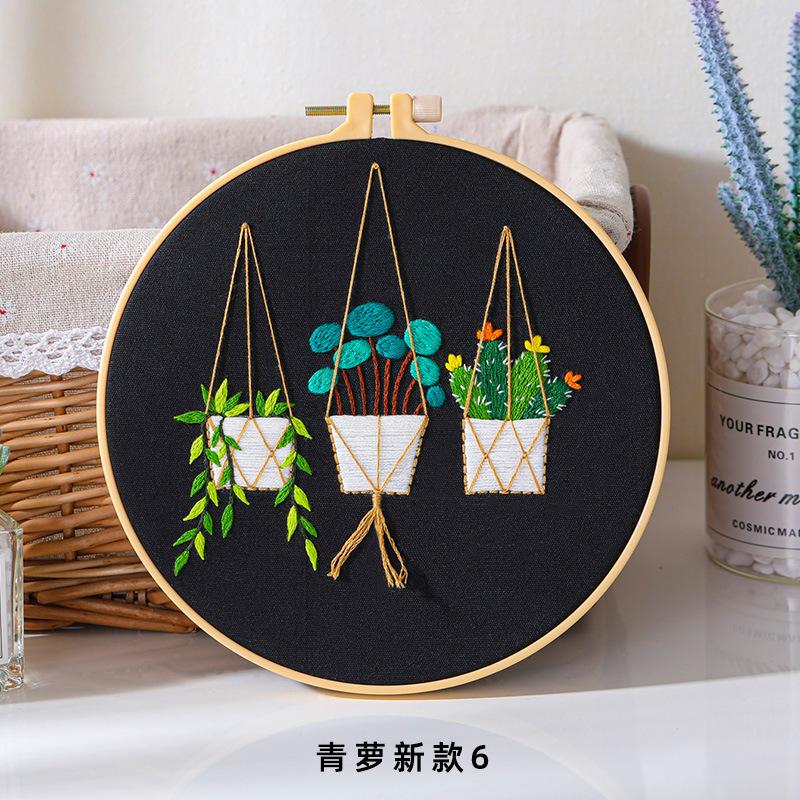 Pacote de Material para Bordado Artesanal DIY Estilo Europeu, Endro Verde Verde, Cesta Suspensa de Endro Verde, Flor de Cacto e Grama Conjunto de Agulha e Linha