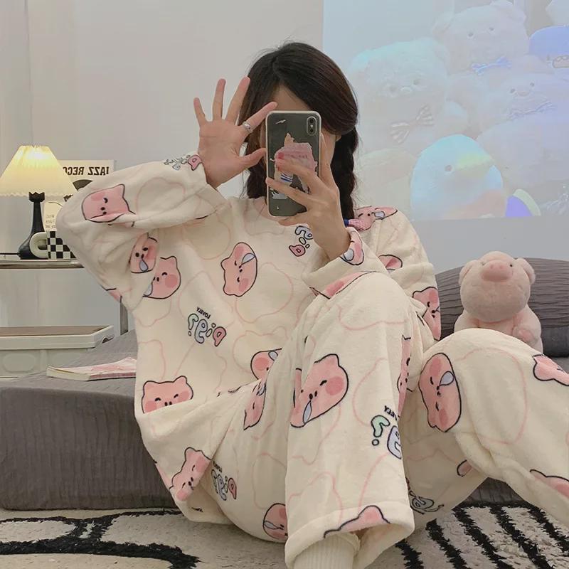 Cozy Coral Fleece Cartoon Pajama Set for Women – Perfect for Autumn and Winter