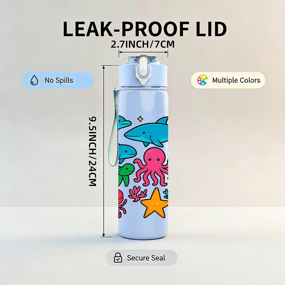 1PC Ocean Sea Creature Group 750ml Color Plastic Sports Water Bottle Leakproof Flip Straw Lid Suitable for Sports Office Home Use