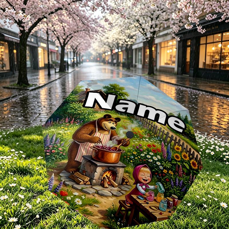 Custom Name Personalized Masha and The Bear Print Umbrella, Auto Open Close, 8‑Rib Sturdy Frame, Commute Camping Hiking Use, Birthday Gift