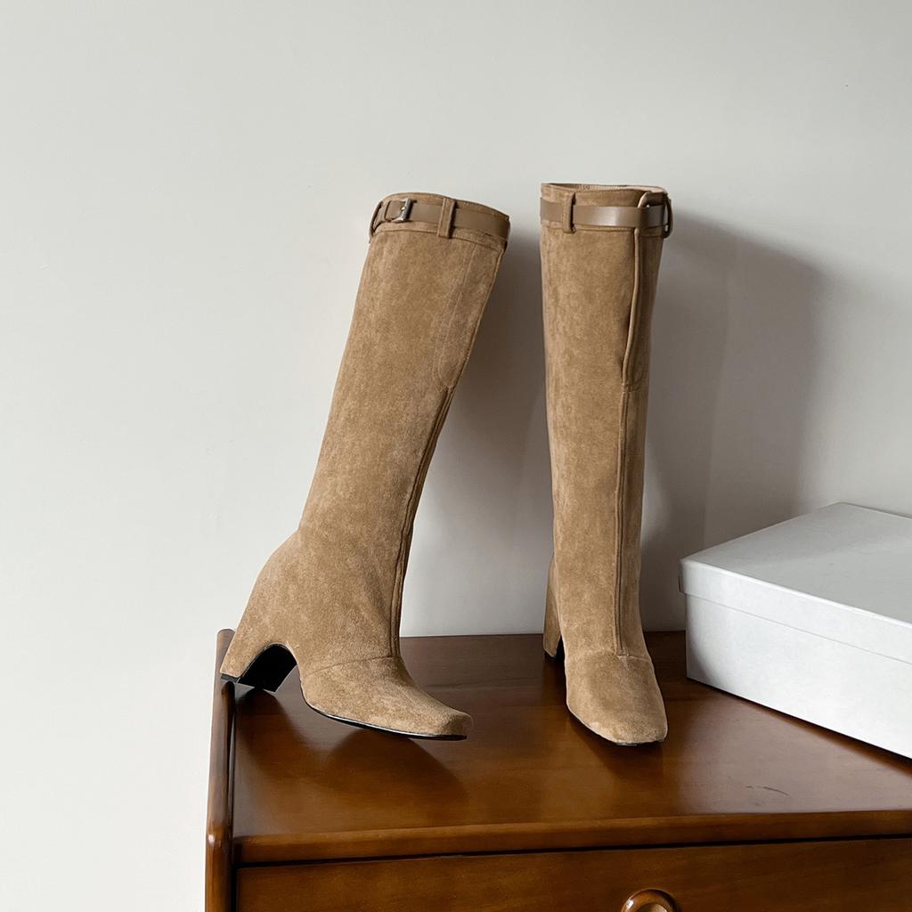 Niszowy design klamra paska wysokie kozaki do kolana damskie 2025 jesień i zima kwadratowy nosek cienka szeroka cholewka gruby obcas kozaki