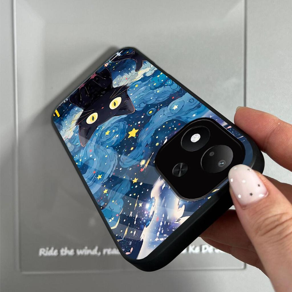 Case for Xiaomi Redmi Note 17 5G 4G Anime Black Cat Starry Cloud Print Phone Cover Acrylic Hard Back Shell With Flexible TPU Edge