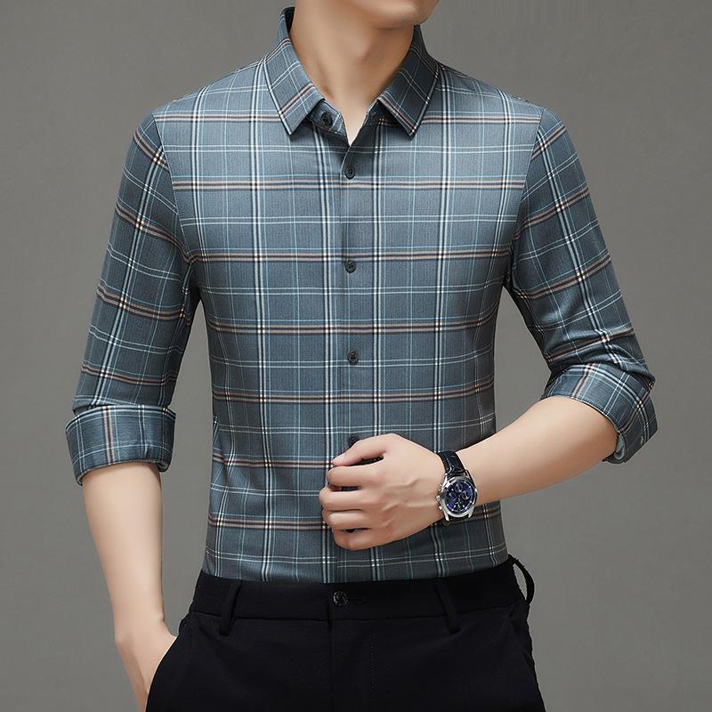 Spring and Autumn New Traceless Bamboo Fiber Inch Shirt Men's Business Striped Shirt Men's Long Sleeve Shirt