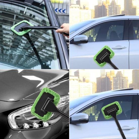Windshield Cleaning Tool 16-inch Long Rod Window Wiper with 3 Microfiber Cloth Pads Auto Glass Cleaning Brushes Car Interior Cleaner Kit