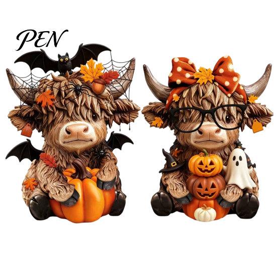 Highland Cow Figurines 2PCS Ornament, Wooden Rustic Style Figurine, Thanksgiving Polished Wood Art Theme Art, for Entrance Living Room Decor